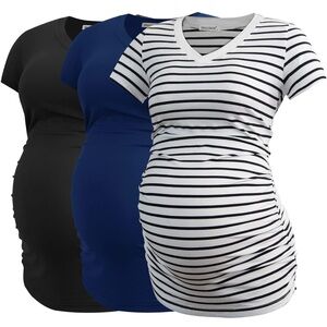Women's Short Sleeve Maternity Tops - Black, Blue, and Striped